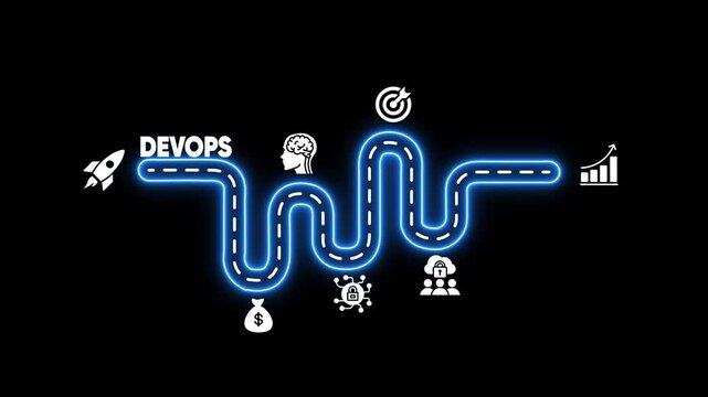Neon blue winding road with icons representing Dev Ops journey from startup to success path highway