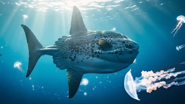 Majestic ocean sunfish (Mola mola) gracefully swimming underwater amidst glowing jellyfish and shafts of sunlight filtering through the deep blue ocean.