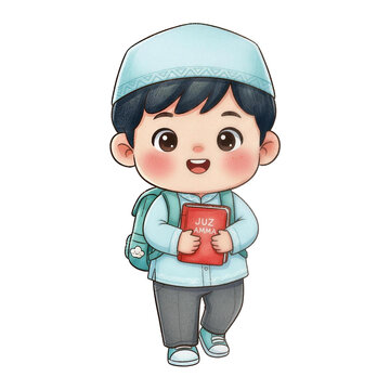 Pious Little Muslim Boy Walking to Quran Class Carrying Juz Amma Book