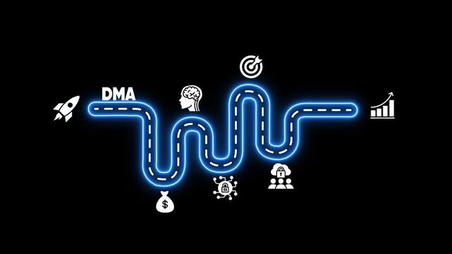 Neon blue winding road with icons representing DMA journey from startup to success path highway