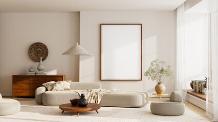 Neutral daylight wall mock-up with wooden poster frame and rattan decor in cozy minimalist living room setting. 3D illustration. © Salih