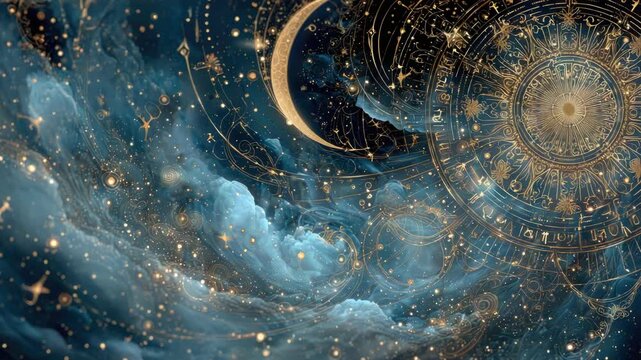 Mystical zodiac wheel with crescent moon and stars rotating in the night sky, featuring esoteric symbols, golden constellations, and astrological calendar details