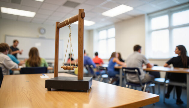 Students engaging in physics lesson with Newton's cradle, educational impact