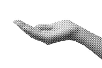 Halftone hand with open palm facing up: Retro black and white offering gesture