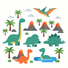 Cute dinosaur characters in prehistoric world flat vector illustration © MdMiraz
