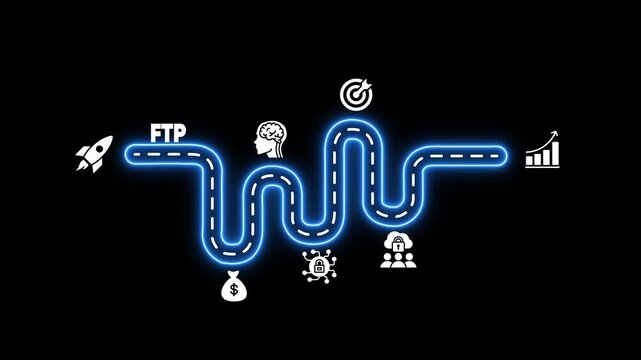 Neon blue winding road with business icons representing startup to success journey path