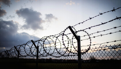 Barbed wire against cloudy sky in outdoor field, remembrance of confinement