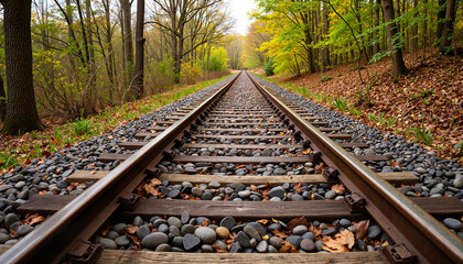 Fototapeta premium Railway tracks leading through colorful autumn forest, symbolizing journeys