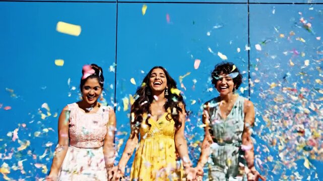 Three diverse young women throw confetti and cheer against a blue wall. They represent friendship and empowerment. Ideal for festive marketing and International Women's Day social media campaigns.