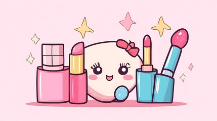 Cute cartoon character surrounded by colorful lipsticks and makeup
