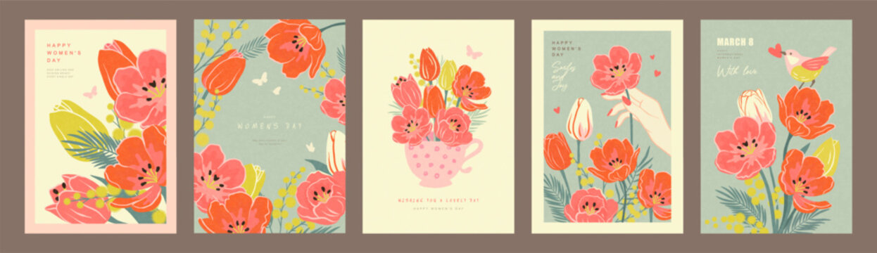 Set of Women's Day greeting card designs with hand drawn spring flowers in a soft pastel palette and grainy texture, for holiday greetings and female stationery, vector illustration.