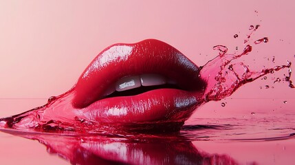 Sensual red lips with water splash on pink background