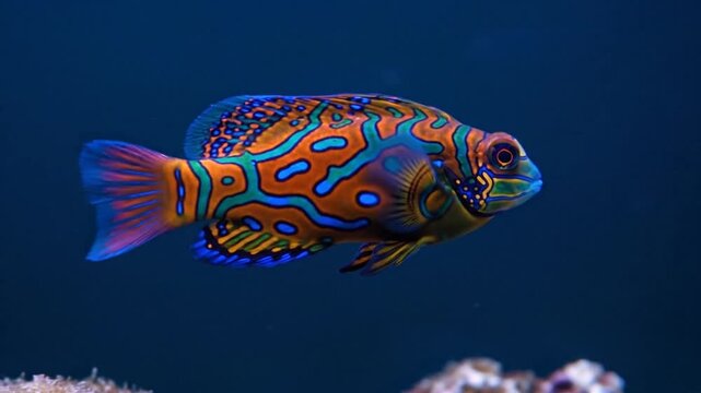 Colorful mandarin fish swimming underwater against a deep blue background, showcasing its vibrant and exotic patterns.