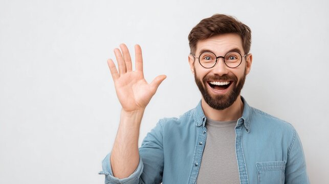 Happy bearded man with glasses waving hand, smiling broadly with an open mouth