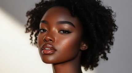 Stunning young woman with afro hairstyle and glowing skin looking confident