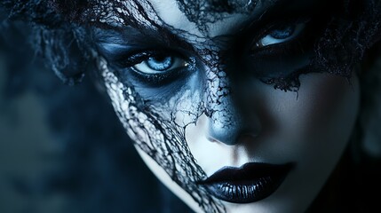 Mysterious woman with dark makeup and lace design on face