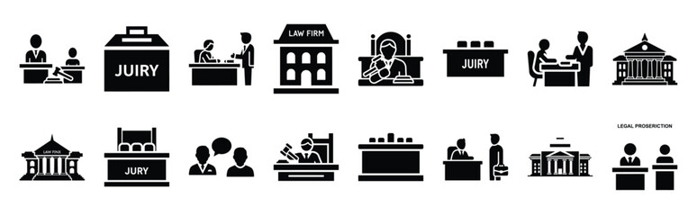 Vector symbols of court witness oath simple silhouette icon set, black color and white background