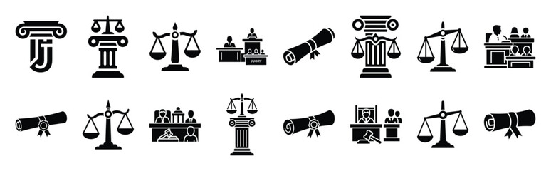 Obraz premium Vector symbols of courthouse steps simple silhouette icon set, black color and white background