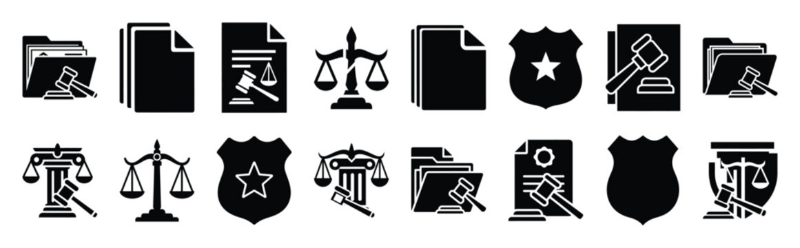 Vector symbols of evidence folder simple silhouette icon set, black color and white background
