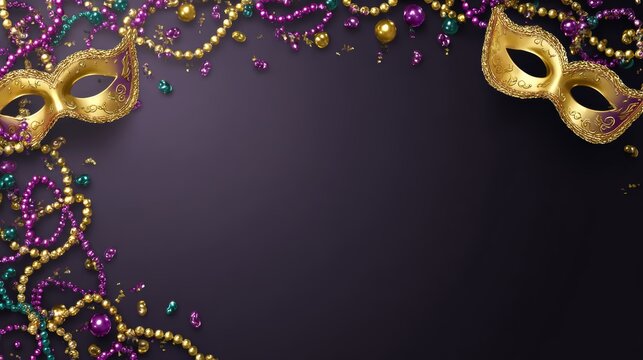 Elegant mardi gras themed background with beads and masks for Fat Tuesday, with space for text. 
