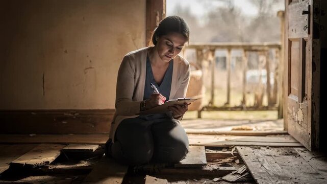 Social worker documenting loose floorboards in a rustic rural home with the worn porch railing softly out of focus behind her.