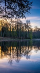 Obraz premium Still, glassy water surface reflecting the surrounding silent woods at dawn, highlighting profound natural isolation, calm, wild, fog
