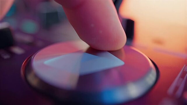 Modern DJ controller jog wheel with illuminated play icon in futuristic style with neon blue and pink colors representing electronic music equipment