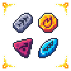 Fototapeta premium Set of pixel art elemental runes for RPG games. 16x16 pixels