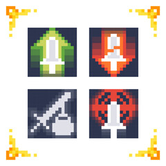 Obraz premium A set of pixel art icons representing weapon status effects including power buff, debuff, slow weight, and critical accuracy. Ideal for 2D RPG combat mechanics or strategy game inventory assets.