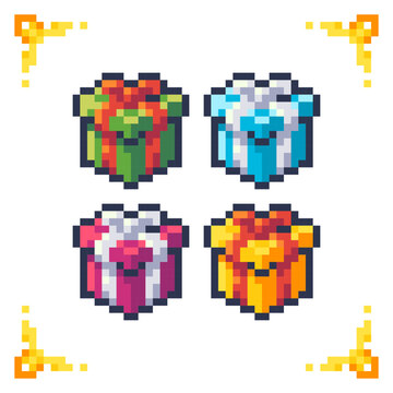A set of pixel art vector icons featuring colorful gift boxes wrapped with ribbons and bows. Perfect for use as 2D game loot containers, holiday event rewards, or RPG inventory user interface elements