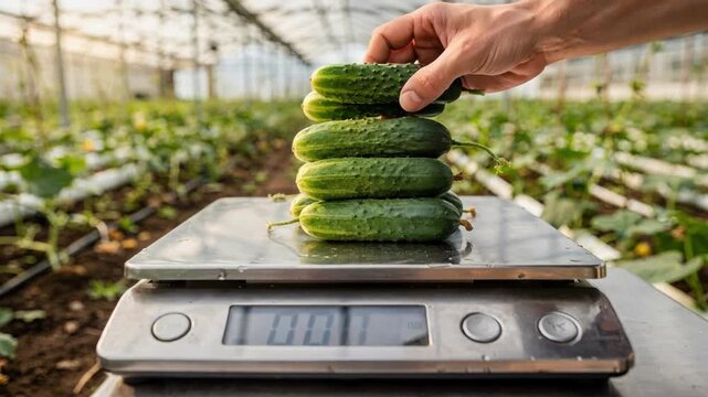 Medium shot showing hands weighing cucumbers on a digital scale inside a bright greenhouse with blurred rows of lush plants in the background.