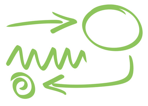 Collection of Different pastell green hand-drawn sketchy doodly arrows, circles, and others for presentations etc. on transparent png backgorund 