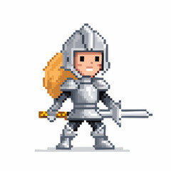 Fototapeta premium Guerrière en armure en pixel art – héroïne médiévale avec épée et bouclier, style 8-bit