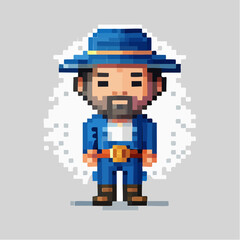 Fototapeta premium Personnage en pixel art – homme barbu avec chapeau et veste bleue