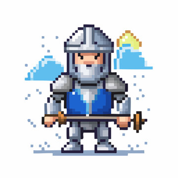 Chevalier en armure en pixel art &ndash; guerrier m&eacute;di&eacute;val avec &eacute;p&eacute;e