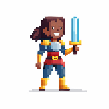 Guerri&egrave;re en armure en pixel art &ndash; h&eacute;ro&iuml;ne m&eacute;di&eacute;vale avec &eacute;p&eacute;e et bouclier, style 8-bit