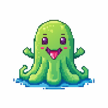 Personnage pixel art color&eacute; type m&eacute;duse avec tentacules et grand sourire. Style r&eacute;tro id&eacute;al pour jeux ou design num&eacute;rique, art 8-bit, r&eacute;tro