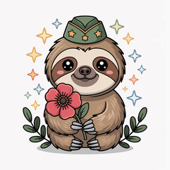 Fototapeta premium A charming cartoon sloth holds a pink flower while surrounded by colorful stars.