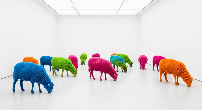 Individuality and Diversity: Vibrant Colorful Sheep Art Installation in Modern Gallery
