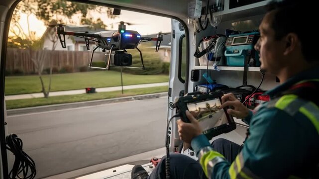 Medium shot focusing on a drone transmitting live video to a paramedics handheld device inside an ambulance speeding through suburban streets background softly blurred.