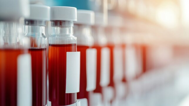 Row of red liquid samples in lab bottles, focus on front vials with blank labels. Macro, shallow depth of field, warm lighting. Science, Medicine, Research, Laboratory