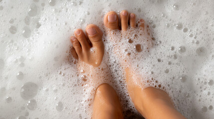 Fototapeta premium Bubbles surround feet in a bath at home during a relaxing evening time
