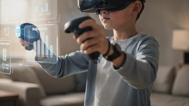 Focused youth navigating a virtual marketplace setup via VR headset to learn budgeting tactics detailed handson control visible against a blurred backdrop.