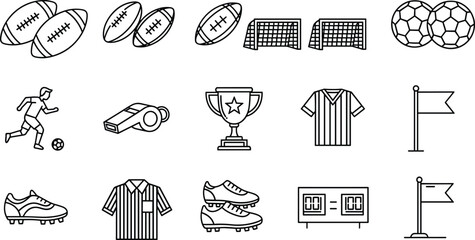 Soccer and football icons vector set, sports equipment collection, game elements outline illustration, black line design © Rabbi Creative