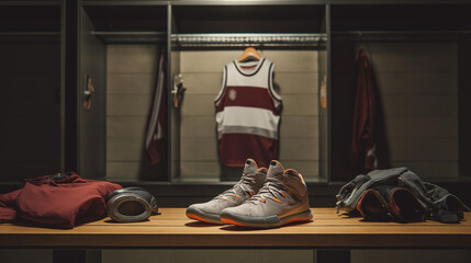 Obraz premium Flat lay of basketball jersey cleats and protective gear on locker room bench, stadium setting, overhead composition, warm tungsten lighting, documentary style, team sports equipment