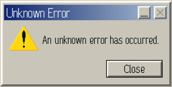 Retro computer error message window. Unknown system error alert dialog. Vintage UI vector illustration
