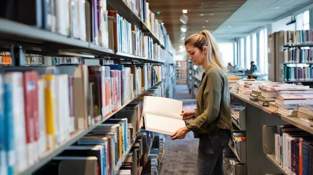 Reorganizing open plan library shelving captured in a medium shot highlighting a focused librarian repositioning books with outoffocus reading areas creating depth.