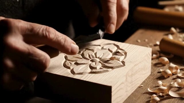 An artisan skillfully sculpts intricate floral patterns into a wooden block, embodying the traditional art of wood carving.