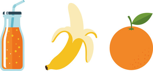 Healthy breakfast with orange juice, banana, and fresh orange fruit