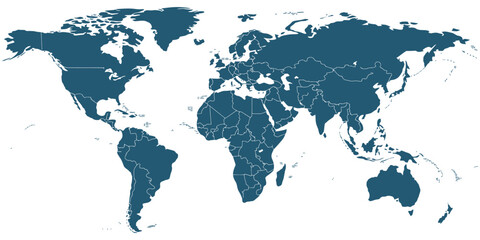 Obraz premium World map vector, blue design blank and with country borders, USA states, Canada provinces, territories, continents, infographic, educational, digital, travel